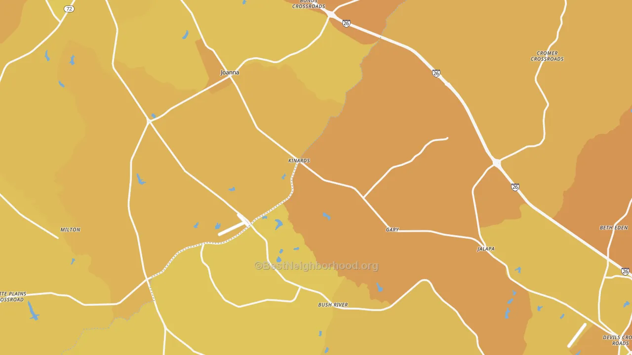 Map of the best neighborhoods in the Kinards area, with better matches in green and worse matches in red