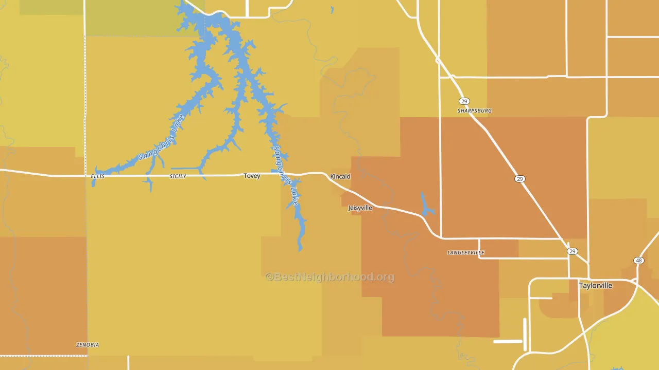 Map of the best neighborhoods in the Kincaid area, with better matches in green and worse matches in red