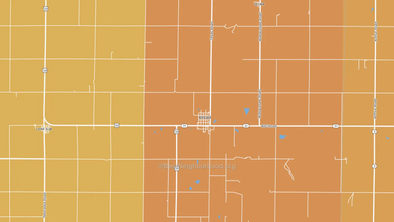 Map of the best neighborhoods in the Kincaid area, with better matches in green and worse matches in red
