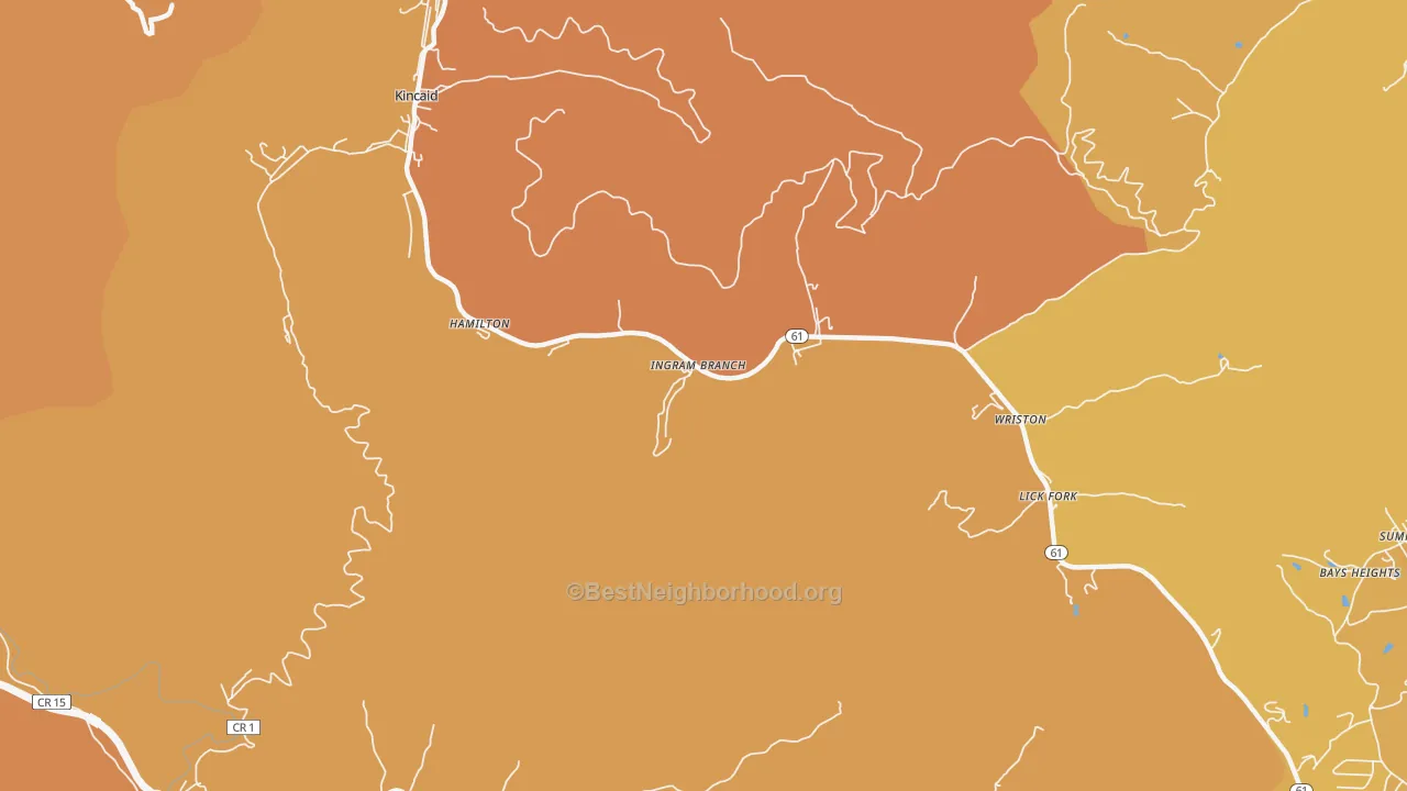 Map of the best neighborhoods in the Kincaid area, with better matches in green and worse matches in red