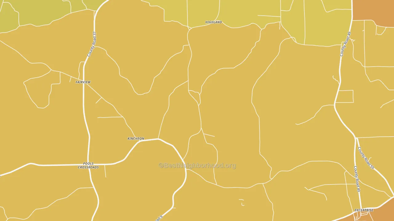 Map of the best neighborhoods in the Kincheon area, with better matches in green and worse matches in red