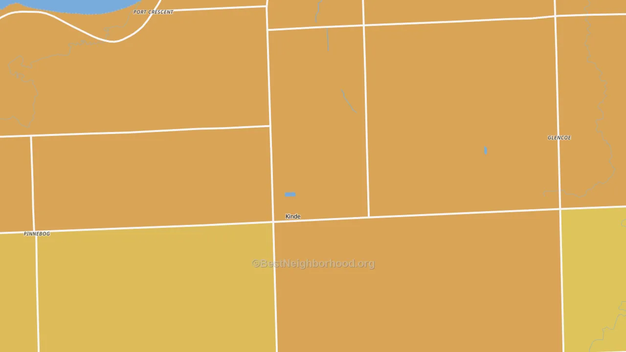 Map of the best neighborhoods in the Kinde area, with better matches in green and worse matches in red