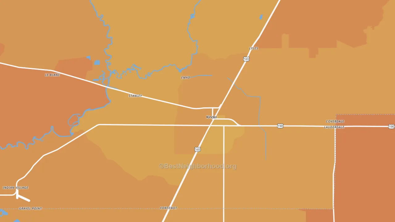 Map of the best neighborhoods in the Kinder area, with better matches in green and worse matches in red