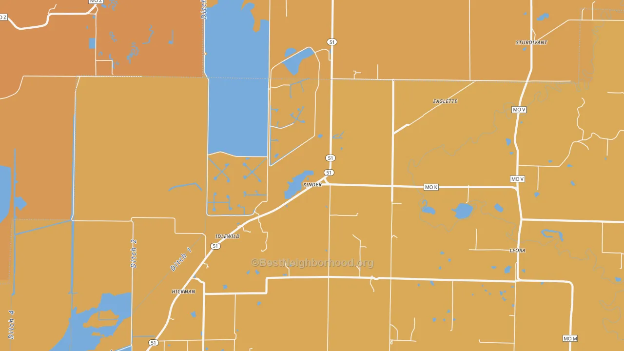 Map of the best neighborhoods in the Kinder area, with better matches in green and worse matches in red