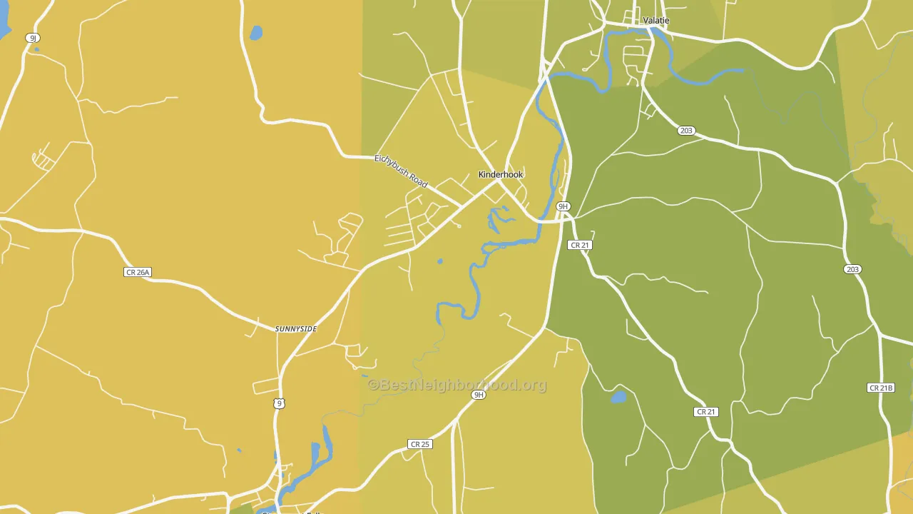 Map of the best neighborhoods in the Kinderhook area, with better matches in green and worse matches in red