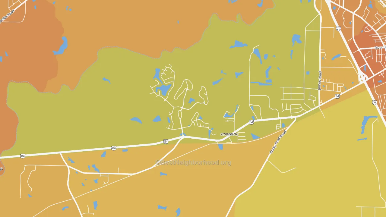 Map of the best neighborhoods in the Kinderlou area, with better matches in green and worse matches in red