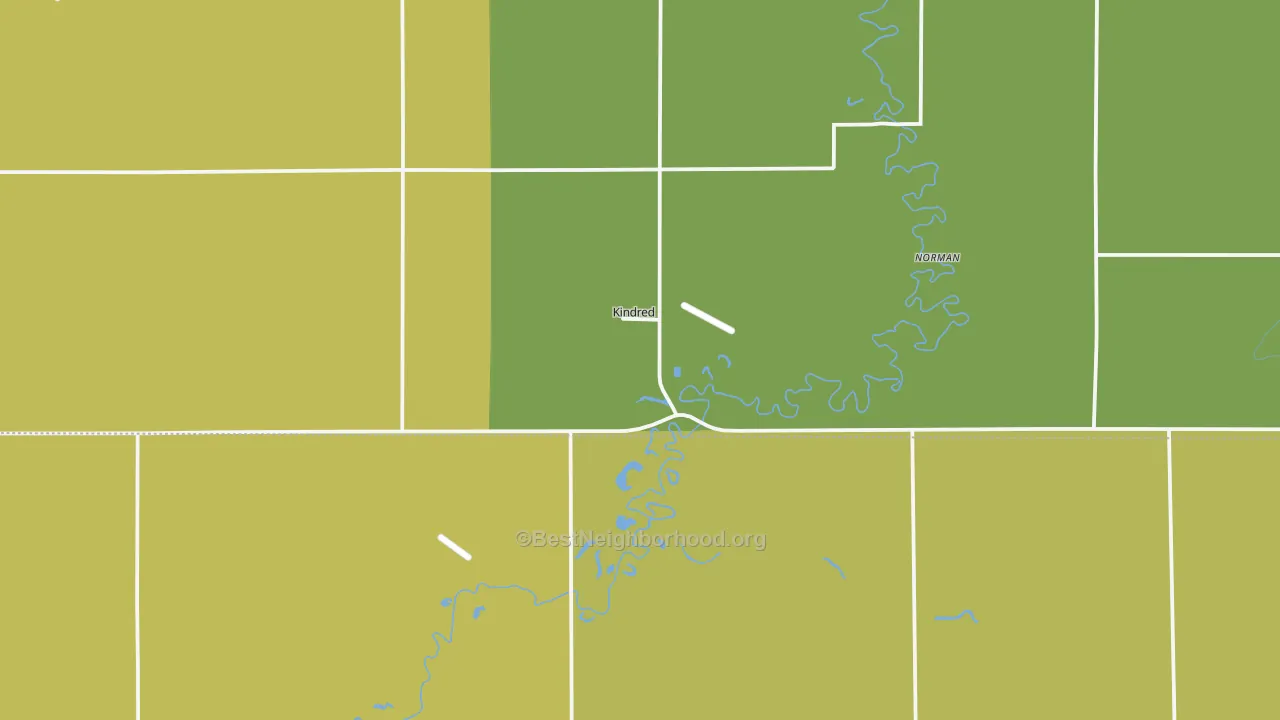 Map of the best neighborhoods in the Kindred area, with better matches in green and worse matches in red