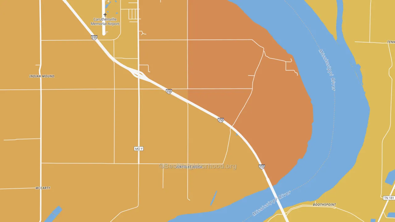 Map of the best neighborhoods in the Kinfolks Ridge area, with better matches in green and worse matches in red