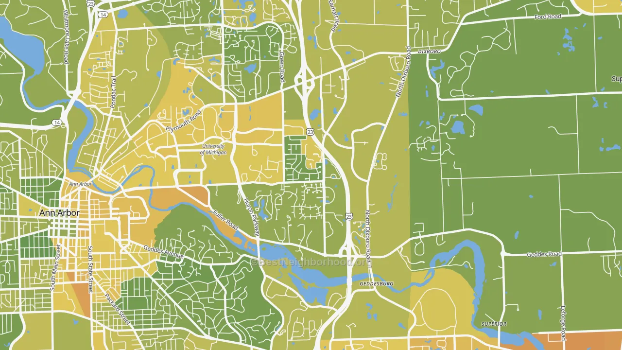 Map of the best neighborhoods in the King, Ann Arbor area, with better matches in green and worse matches in red
