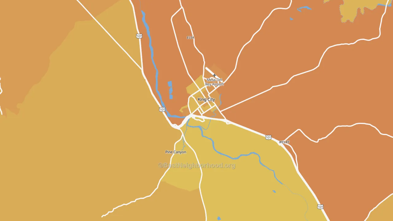 Map of the best neighborhoods in the King City area, with better matches in green and worse matches in red
