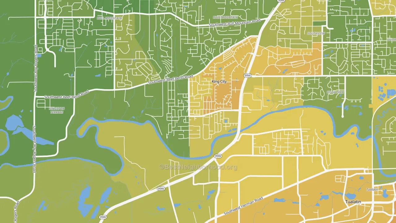 Map of the best neighborhoods in the King City area, with better matches in green and worse matches in red