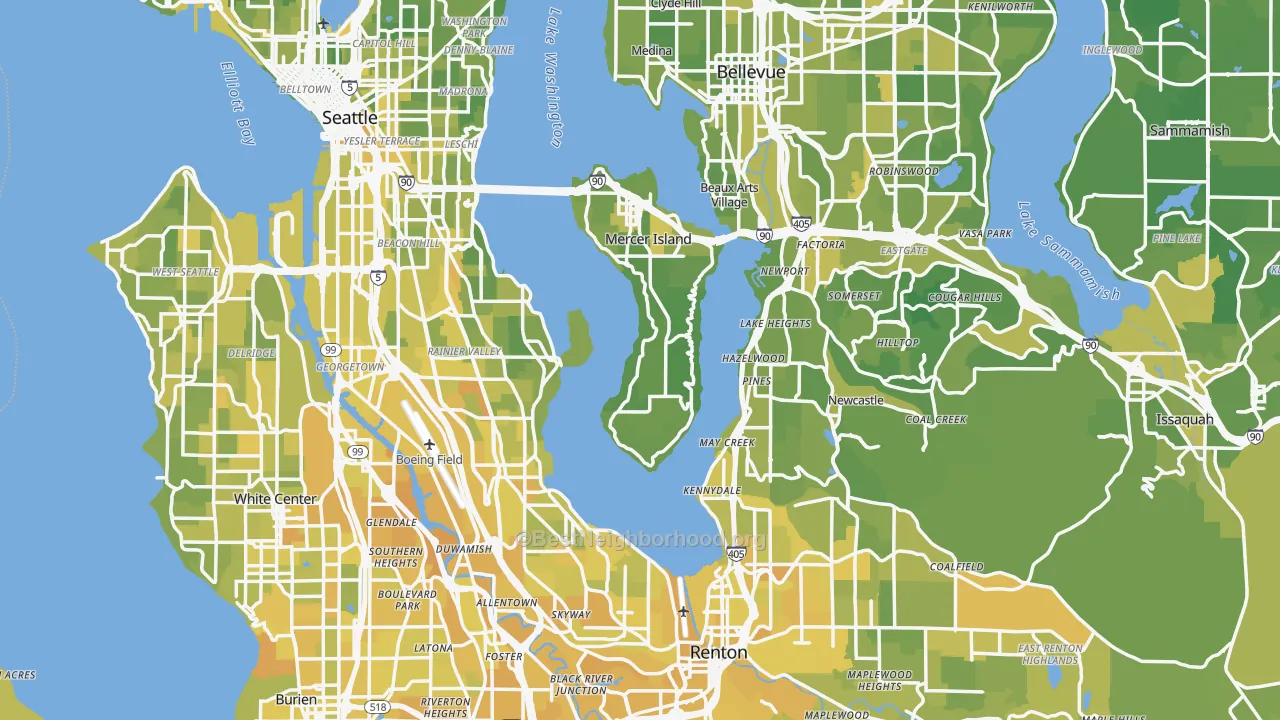 Map of the best neighborhoods in the King County area, with better matches in green and worse matches in red
