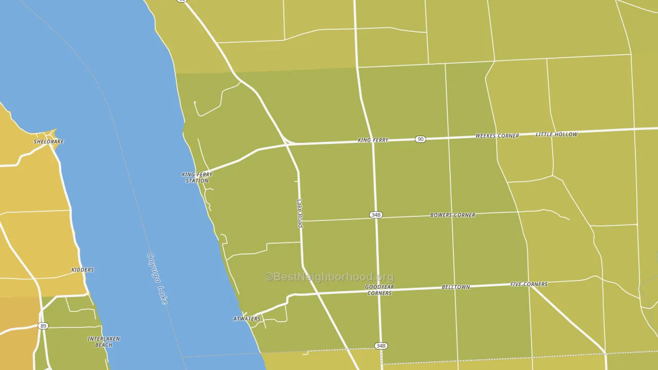 Map of the best neighborhoods in the King Ferry area, with better matches in green and worse matches in red