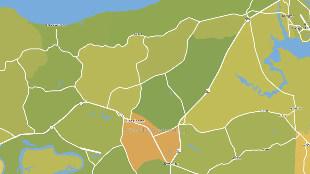 Map of the best neighborhoods in the King George County area, with better matches in green and worse matches in red