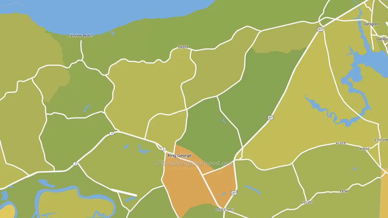 Map of the best neighborhoods in the King George area, with better matches in green and worse matches in red