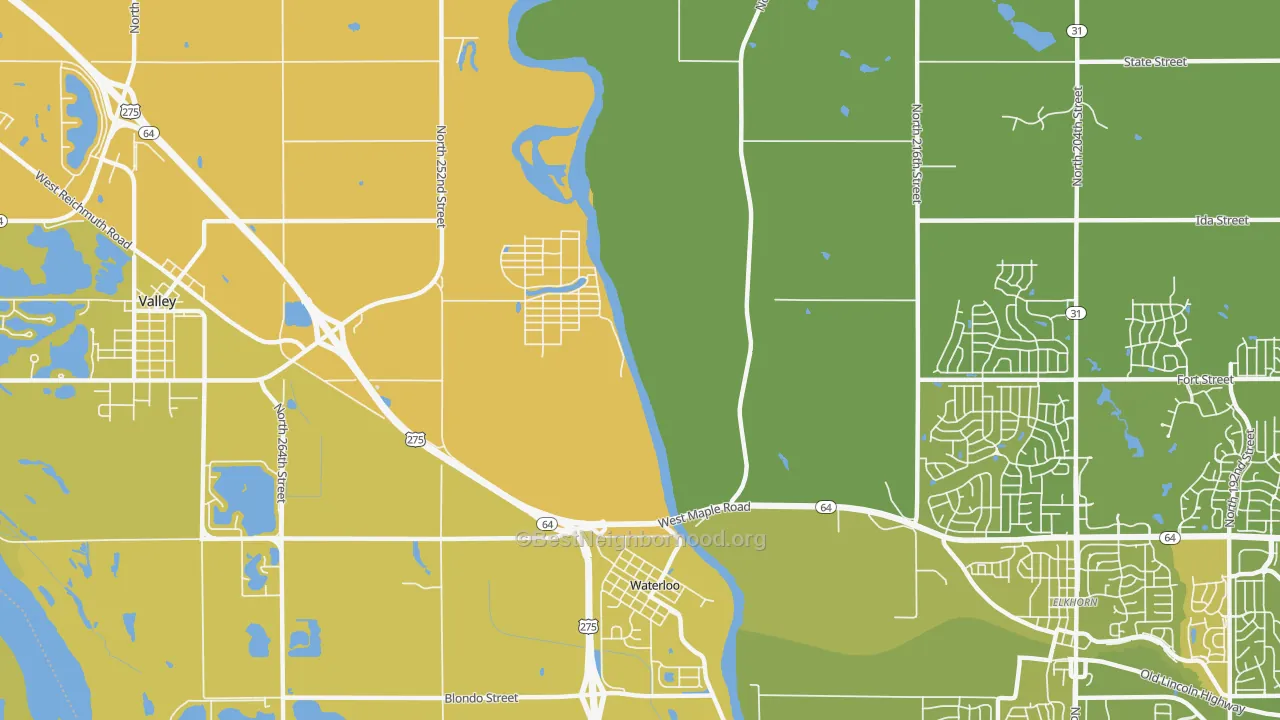 Map of the best neighborhoods in the King Lake area, with better matches in green and worse matches in red