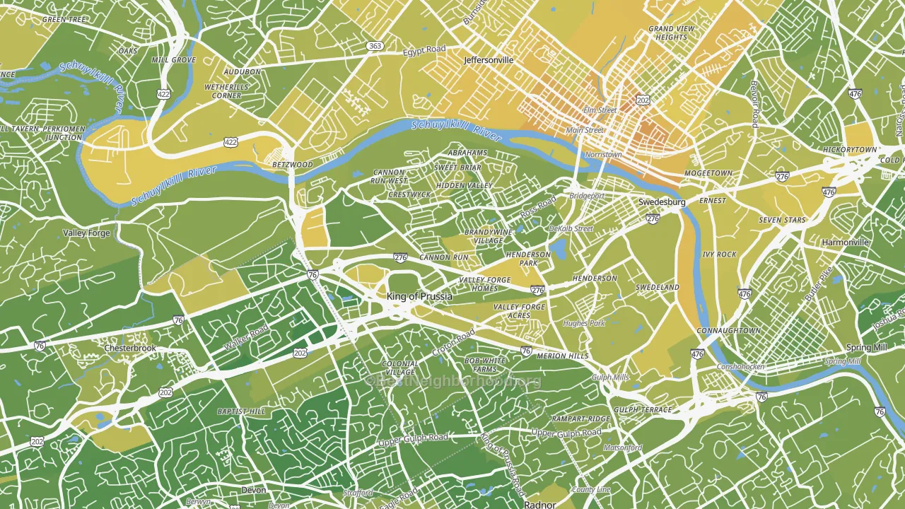 Map of the best neighborhoods in the King of Prussia area, with better matches in green and worse matches in red