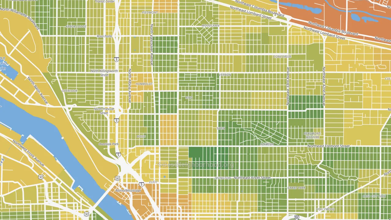 Map of the best neighborhoods in the King, Portland area, with better matches in green and worse matches in red