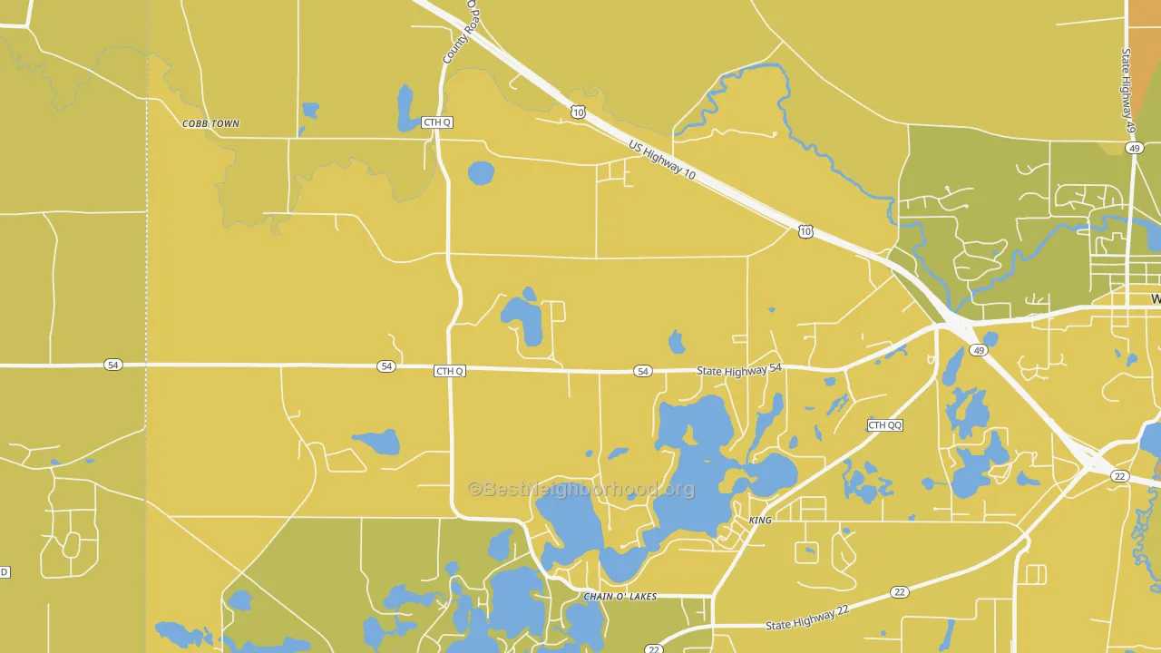 Map of the best neighborhoods in the King area, with better matches in green and worse matches in red