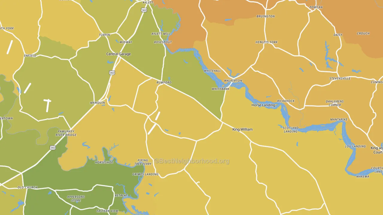 Map of the best neighborhoods in the King William County area, with better matches in green and worse matches in red