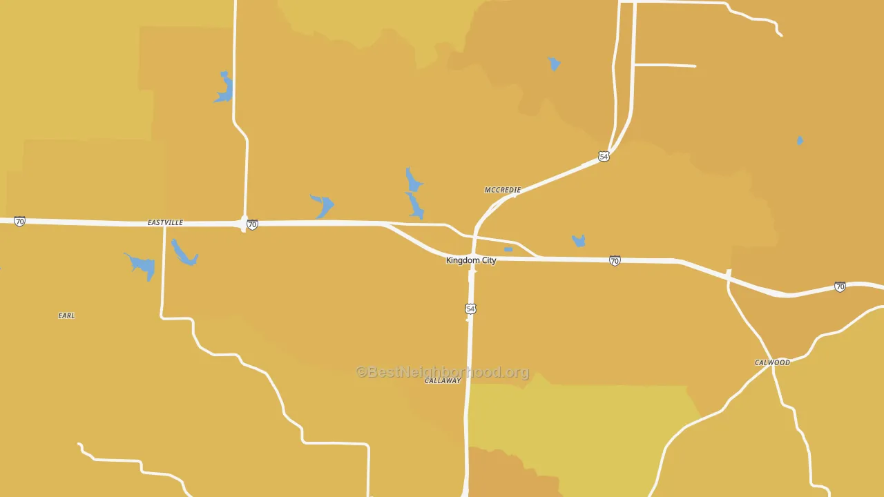 Map of the best neighborhoods in the Kingdom City area, with better matches in green and worse matches in red