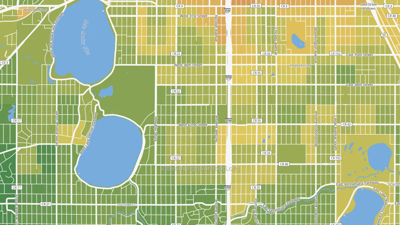 Map of the best neighborhoods in the Kingfield, Minneapolis area, with better matches in green and worse matches in red