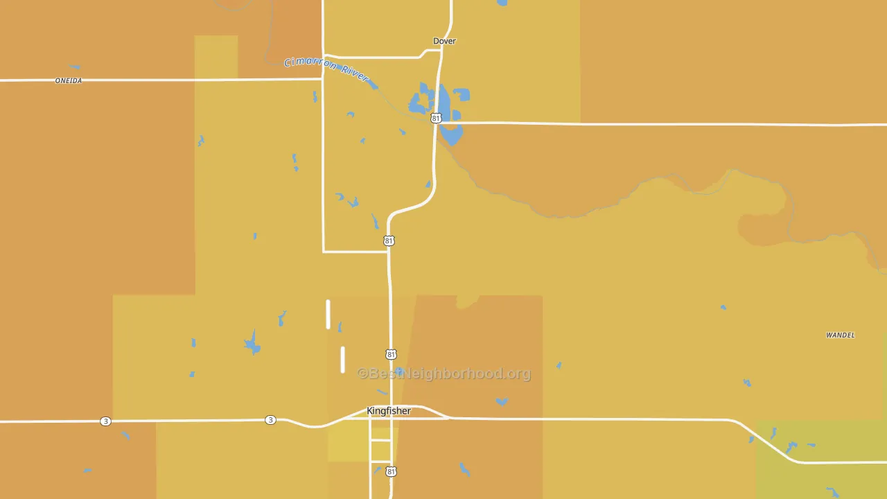 Map of the best neighborhoods in the Kingfisher County area, with better matches in green and worse matches in red