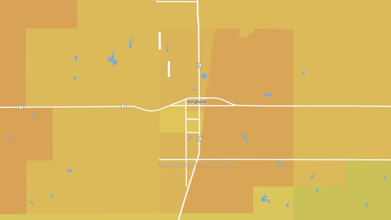 Map of the best neighborhoods in the Kingfisher area, with better matches in green and worse matches in red