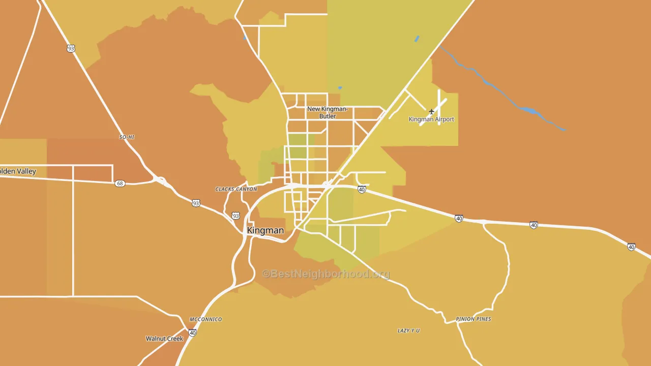 Map of the best neighborhoods in the Kingman area, with better matches in green and worse matches in red