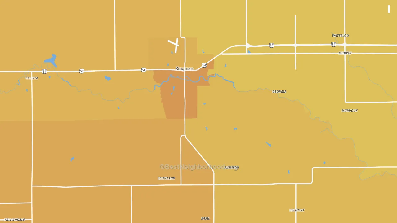 Map of the best neighborhoods in the Kingman County area, with better matches in green and worse matches in red