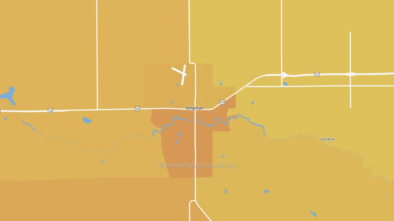 Map of the best neighborhoods in the Kingman area, with better matches in green and worse matches in red
