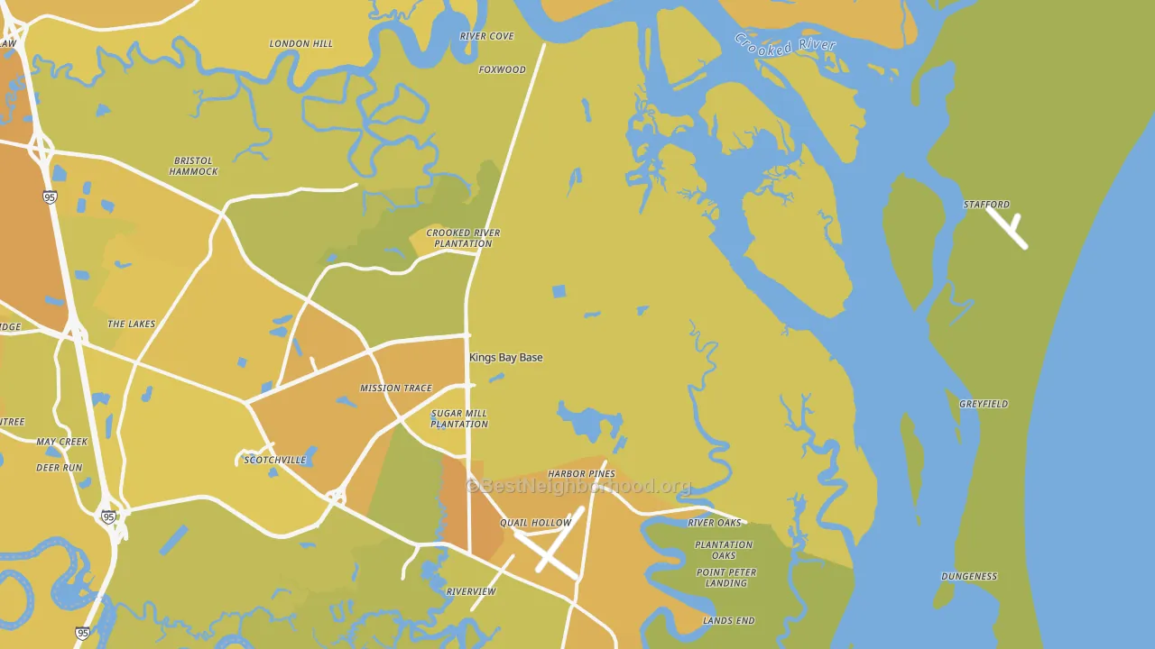 Map of the best neighborhoods in the Kings Bay area, with better matches in green and worse matches in red
