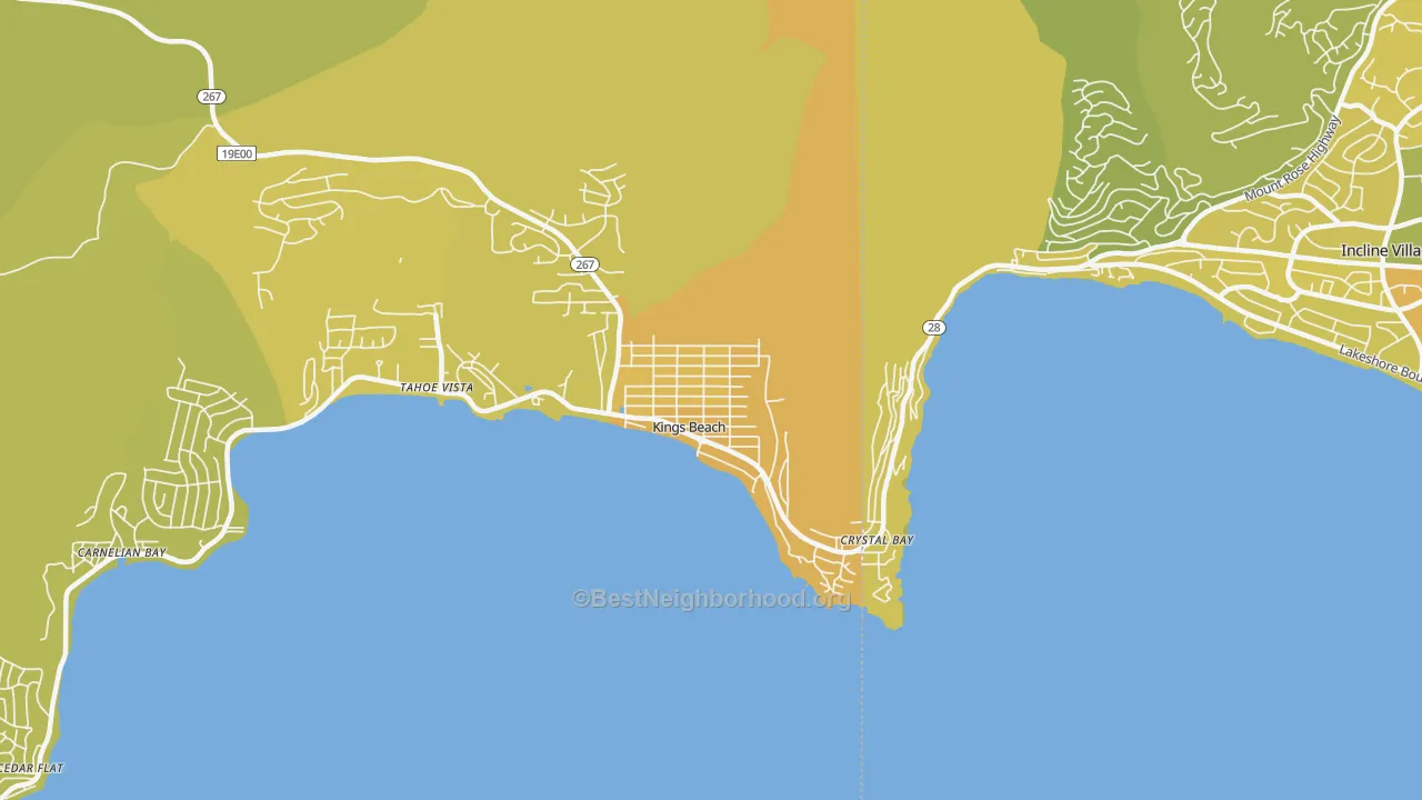 Map of the best neighborhoods in the Kings Beach area, with better matches in green and worse matches in red