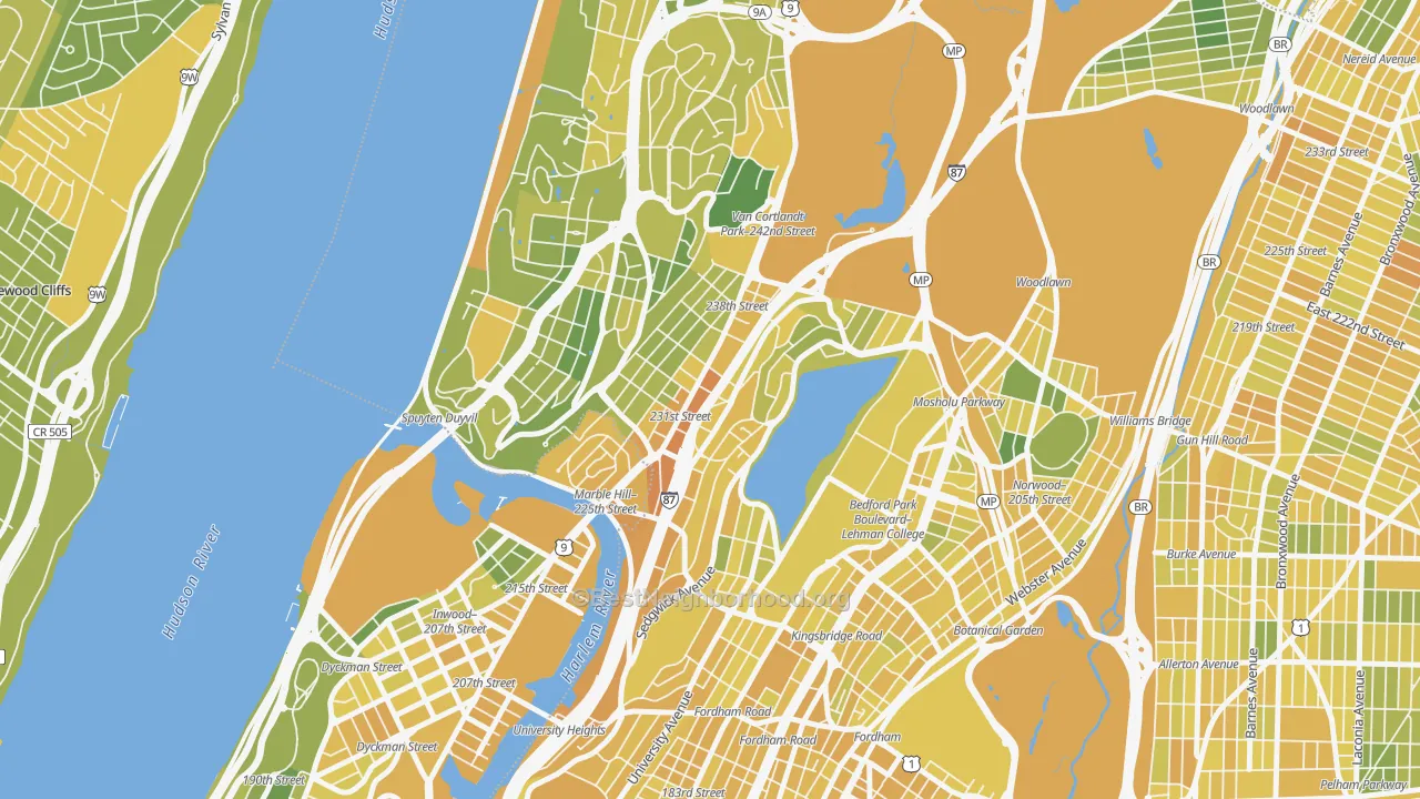 Map of the best neighborhoods in the Kings Bridge, Bronx area, with better matches in green and worse matches in red