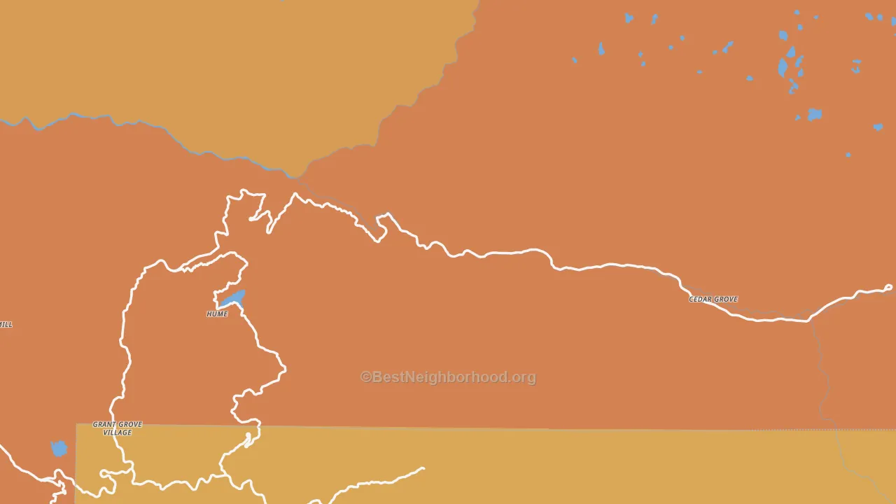 Map of the best neighborhoods in the Kings Canyon National Pk area, with better matches in green and worse matches in red