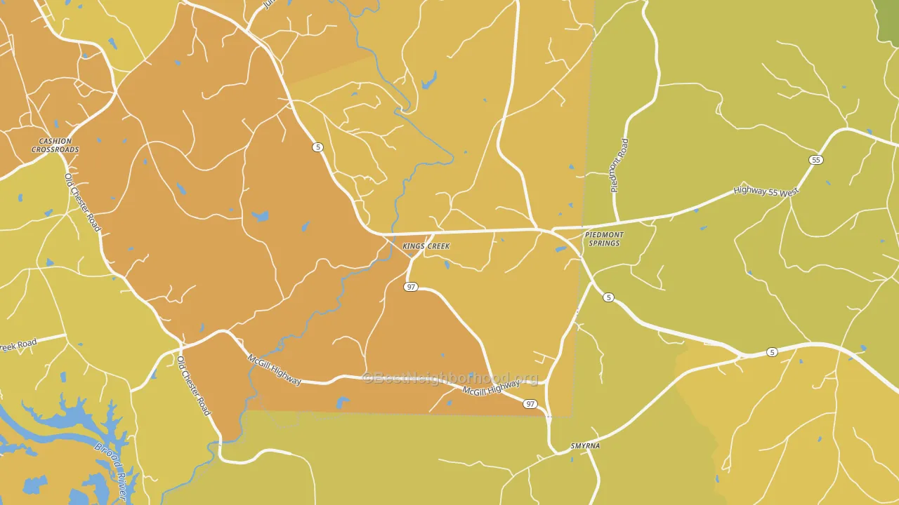 Map of the best neighborhoods in the Kings Creek area, with better matches in green and worse matches in red