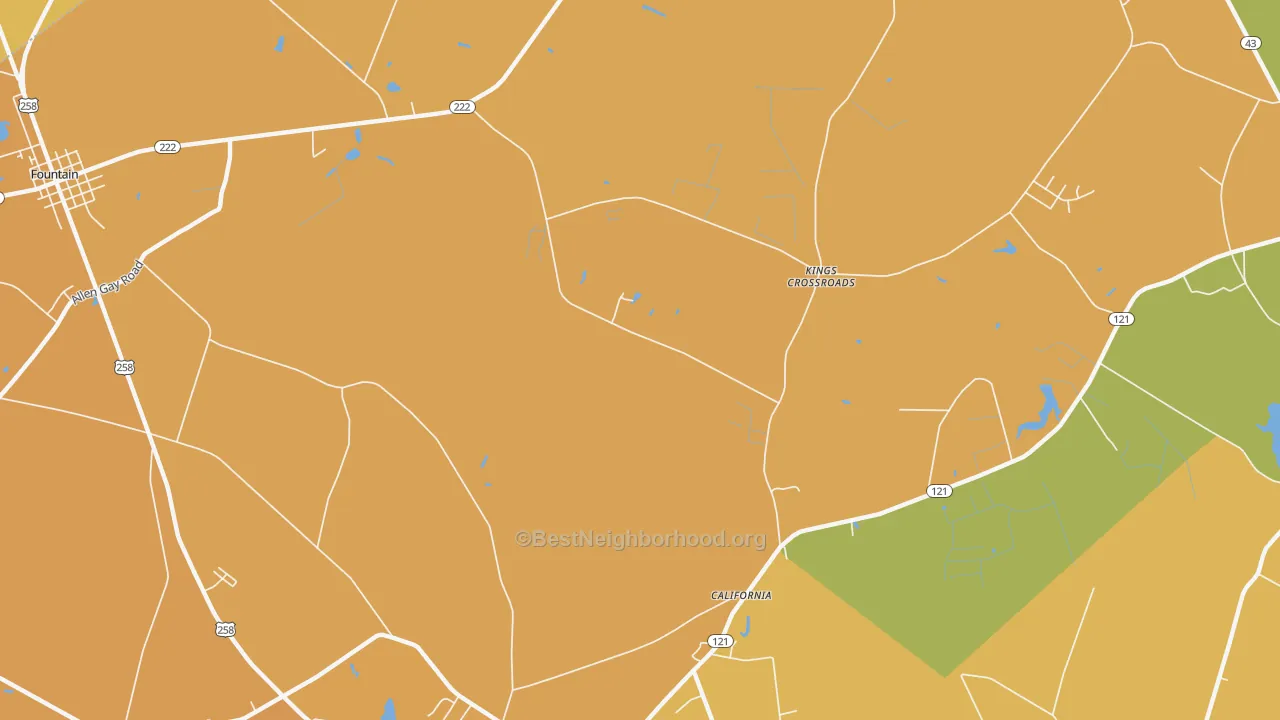 Map of the best neighborhoods in the Kings Crossroads area, with better matches in green and worse matches in red