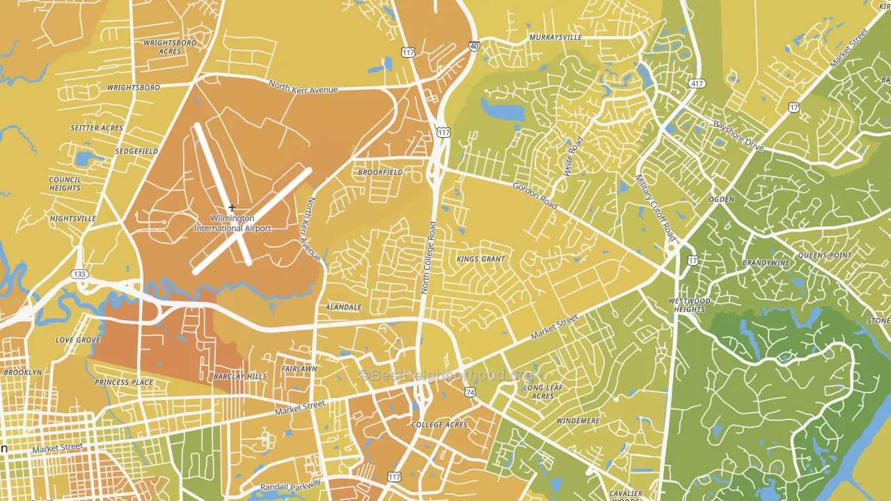 Map of the best neighborhoods in the Kings Grant area, with better matches in green and worse matches in red