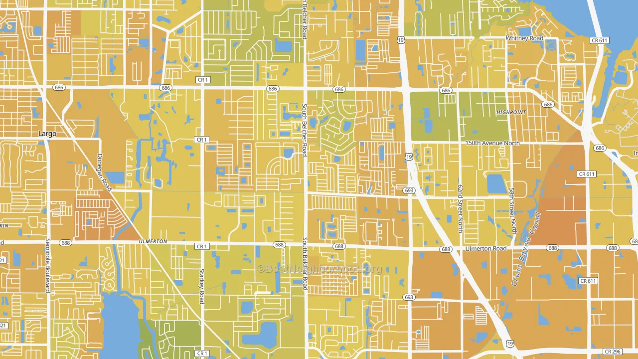 Map of the best neighborhoods in the Kings Manor, Largo area, with better matches in green and worse matches in red
