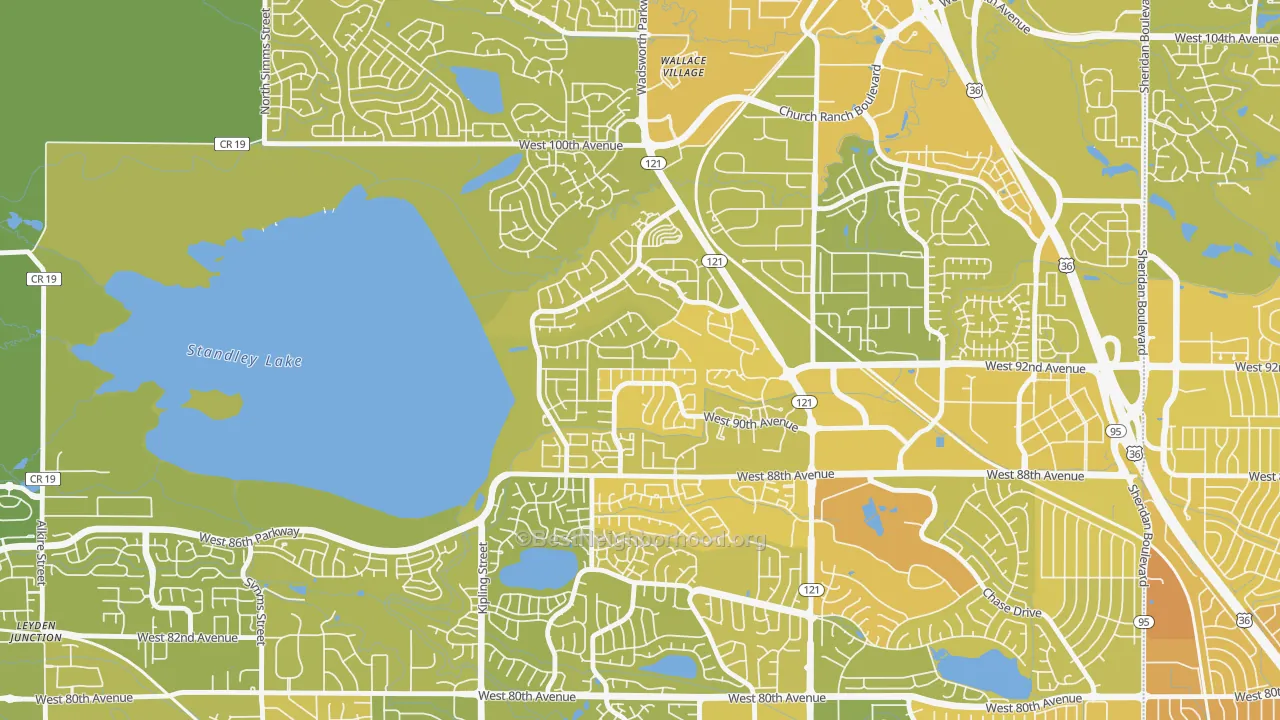 Map of the best neighborhoods in the Kings Mill, Broomfield area, with better matches in green and worse matches in red