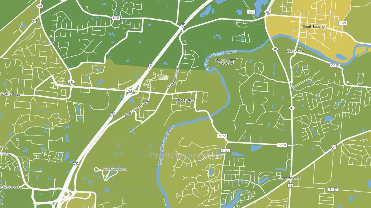 Map of the best neighborhoods in the Kings Mills area, with better matches in green and worse matches in red
