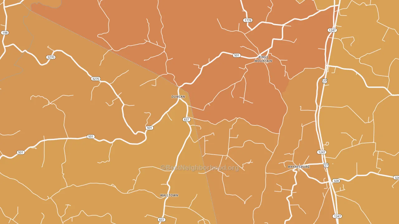 Map of the best neighborhoods in the Kings Mountain area, with better matches in green and worse matches in red