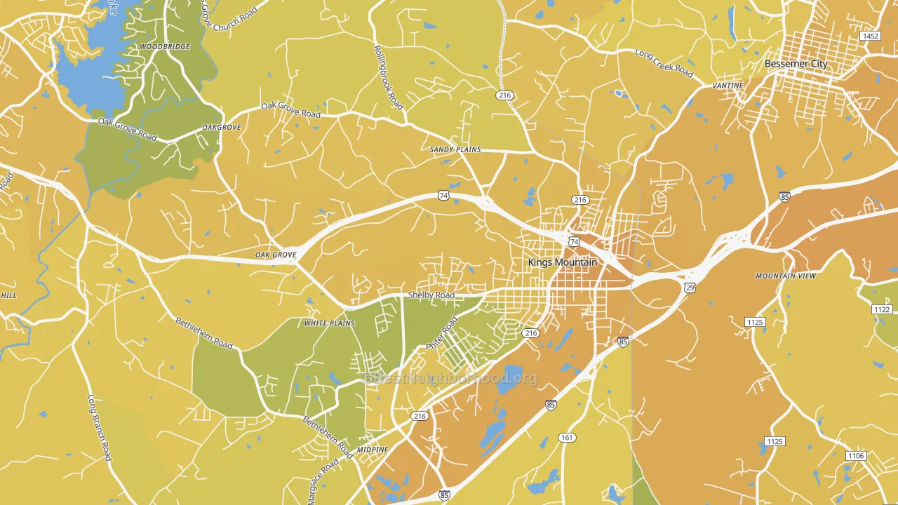Map of the best neighborhoods in the Kings Mountain area, with better matches in green and worse matches in red