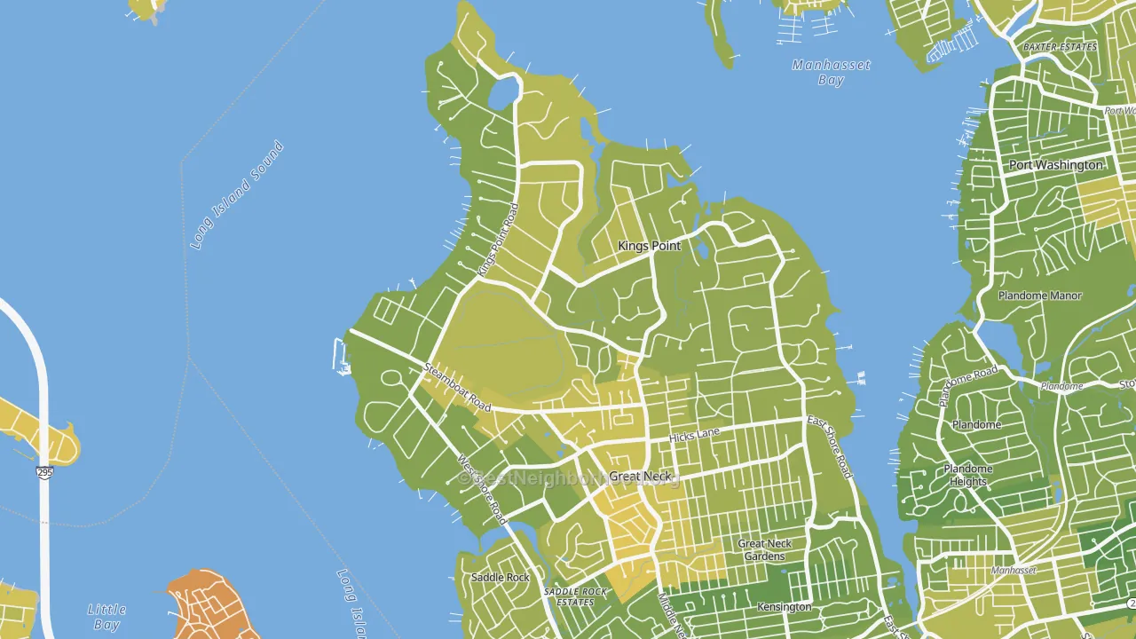 Map of the best neighborhoods in the Kings Point area, with better matches in green and worse matches in red