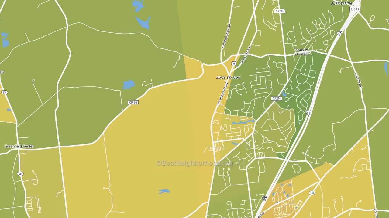 Map of the best neighborhoods in the Kings Station area, with better matches in green and worse matches in red