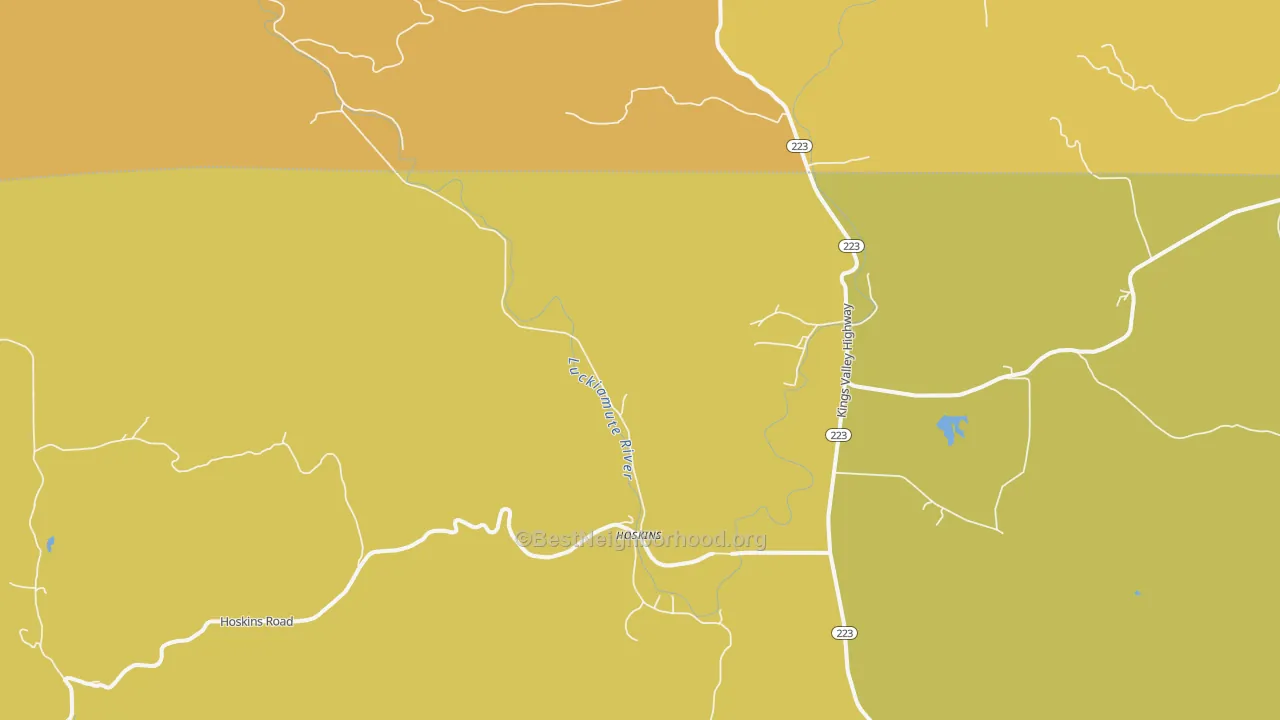 Map of the best neighborhoods in the Kings Valley area, with better matches in green and worse matches in red
