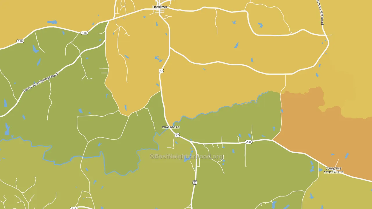 Map of the best neighborhoods in the Kingsboro area, with better matches in green and worse matches in red