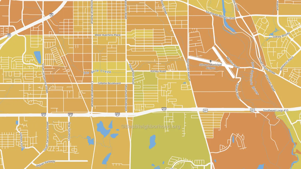 Map of the best neighborhoods in the Kingsborough Ridge, San Antonio area, with better matches in green and worse matches in red