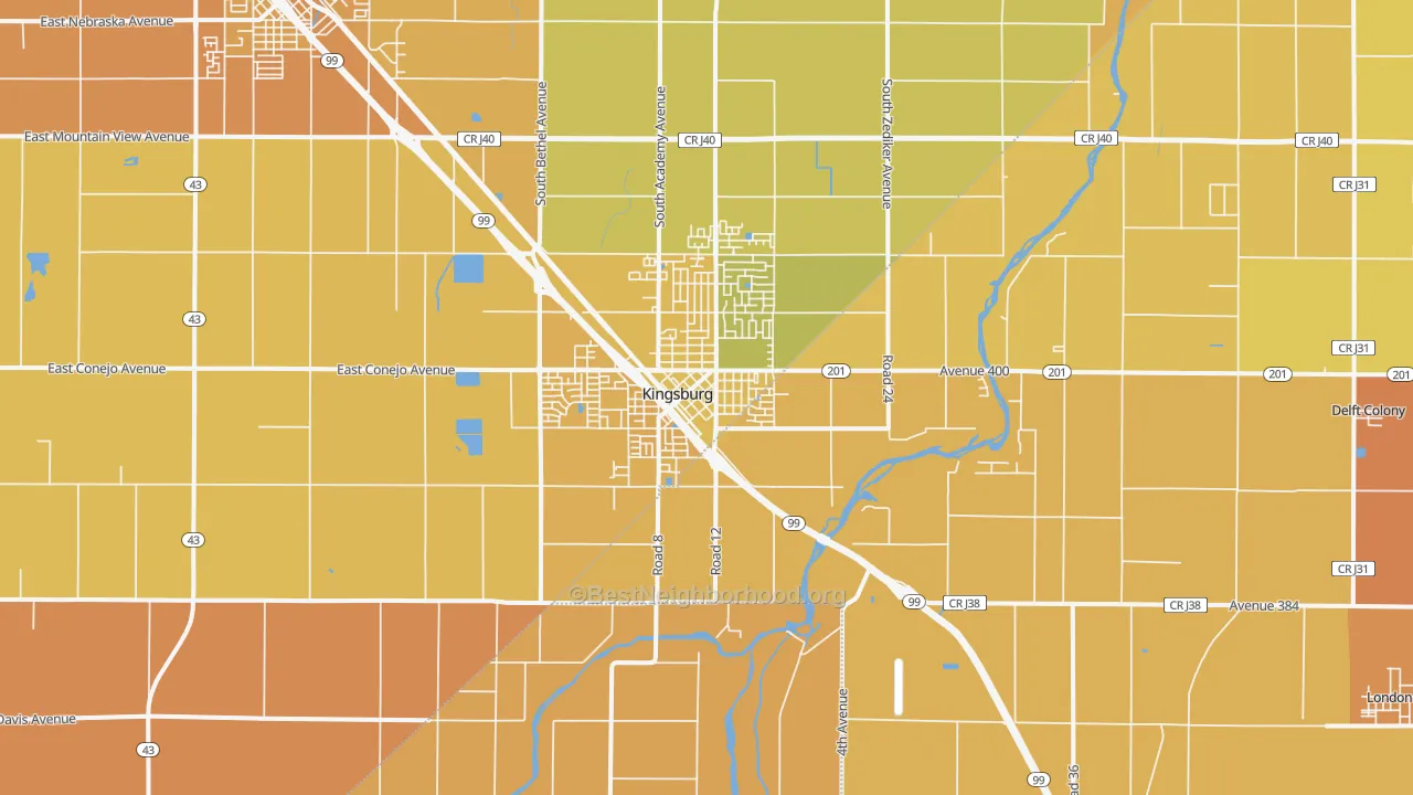 Map of the best neighborhoods in the Kingsburg area, with better matches in green and worse matches in red