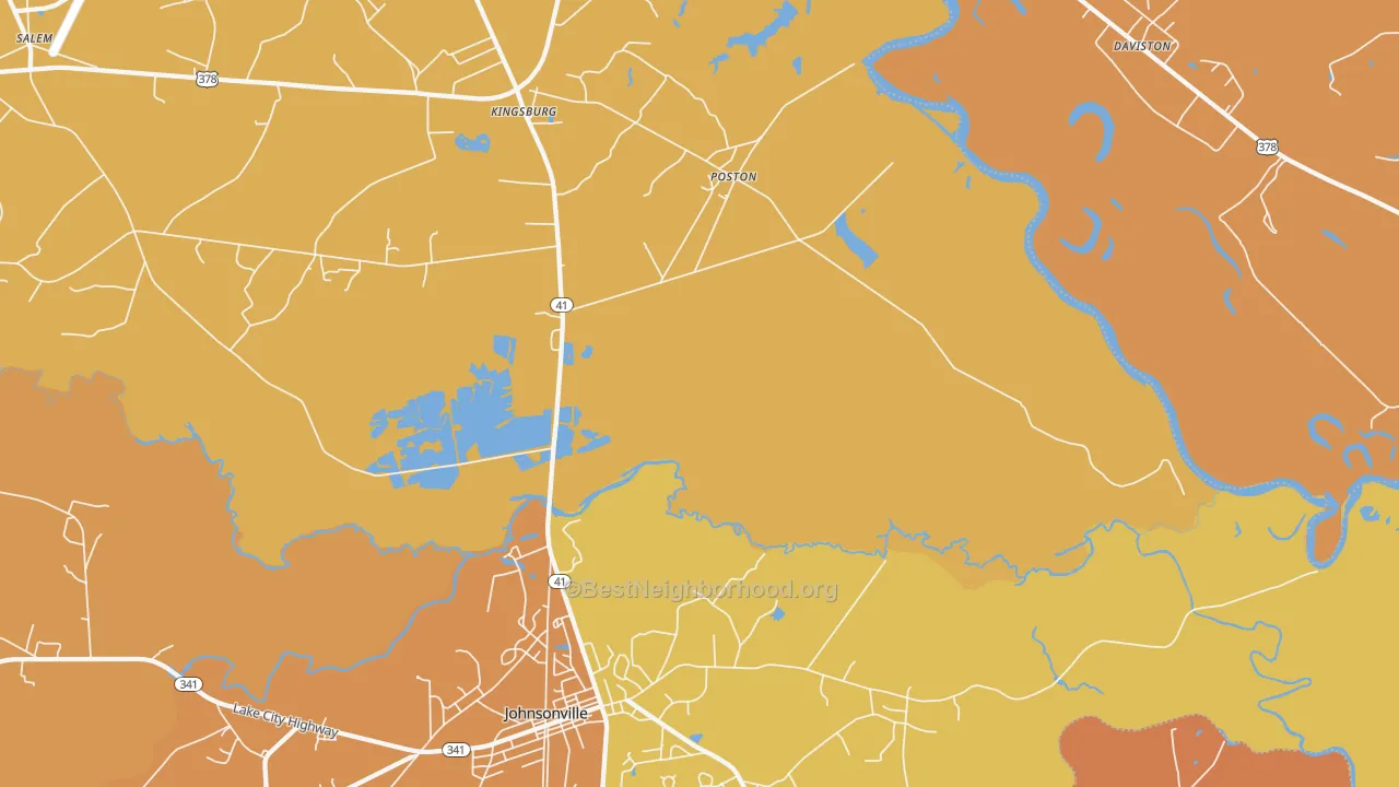 Map of the best neighborhoods in the Kingsburg area, with better matches in green and worse matches in red